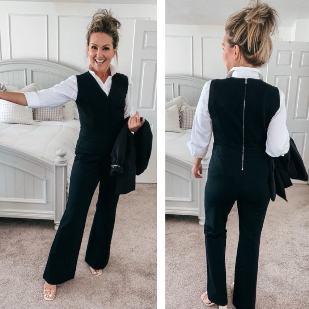 Spanx Perfect Sleeveless Jumpsuit Black 1X Wide Leg Shaping V-Neck Career Chic - Picture 9 of 16